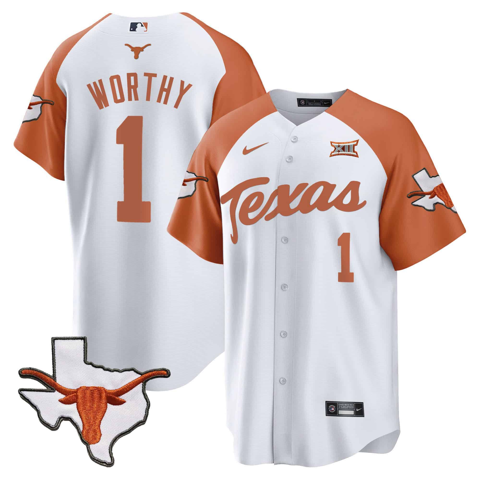 Men Texas Longhorns #1 Worthy White 2024 Baseball NCAA Jersey style 2->indianapolis colts->NFL Jersey